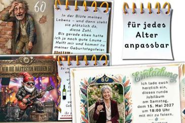 Einladungskarten, Dankeskarten und Tischkarten für Ihre Geburtstagsfeier für jedes Alter - 50, 60, 70 
