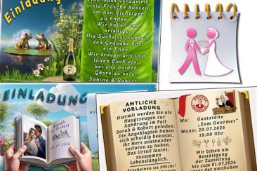 Die Einladung zur Hochzeit mit Ihrem Foto, als originelle Karte oder mit lustigen Bildern.