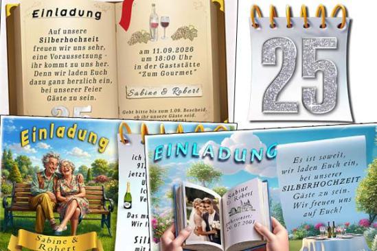 Einladungskarten, Danksagungskarten und Tischkarten zur Silberhochzeit - originell, lustig oder mit Ihrem Foto