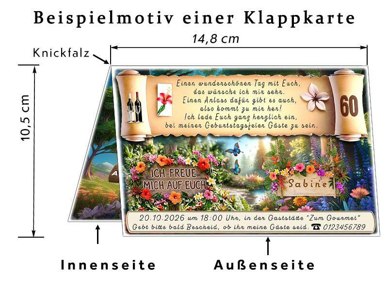 Beispielbild mit Abmessungen einer Klappkarte als Einladungskarte