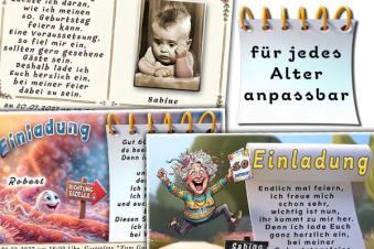 Collage verschiedener witziger Geburtstagseinladungen zum Selbstgestalten als gedruckte Fotokarten