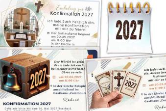 originelle Einladungskarten zur Konfirmation 2027 mit kirchlichen Bildern