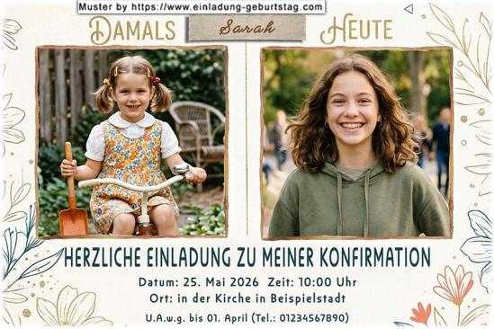 Die Einladung zur Jugendweihe mit 2 deiner Fotos nebeneinander – ein älteres Kinderbild und ein aktuelles Bild – Damals und Heute.