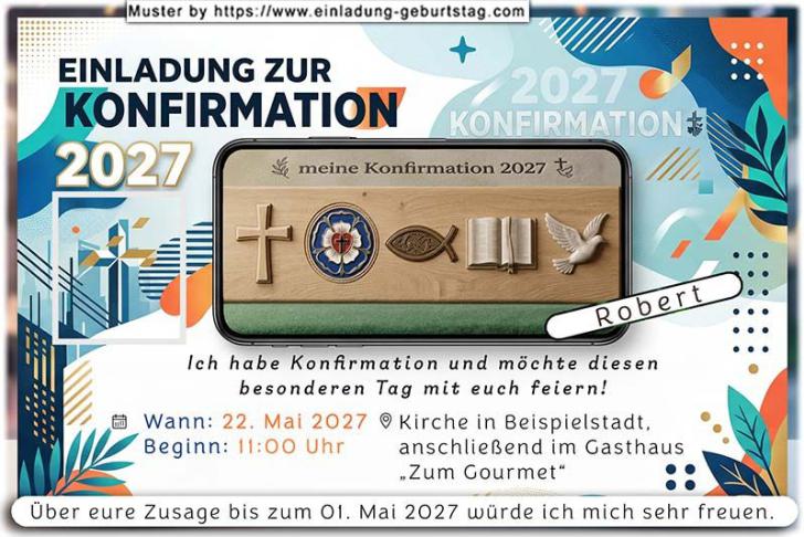 Die originelle Einladung zur Konfirmation mit den kirchlichen Symbolen im Display eines Handys.