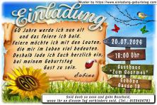 Die originelle Einladung zum Geburtstag - Ihr Alter wird in eine Sonnenblume vor einem hellblauen Himmel eingesetzt.