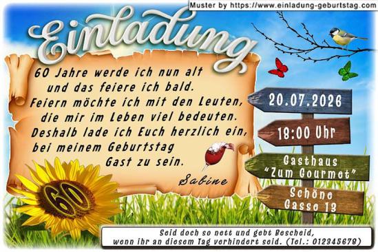 Die originelle Einladung zum Geburtstag - Ihr Alter wird in eine Sonnenblume vor einem hellblauen Himmel eingesetzt.