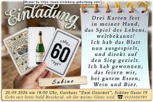 Die originelle Einladung zum Geburtstag - 3 Spielkarten in Ihrer Hand. In die rechte Karte wird Ihr Alter eingesetzt. Diese Karte spielen Sie nun aus.