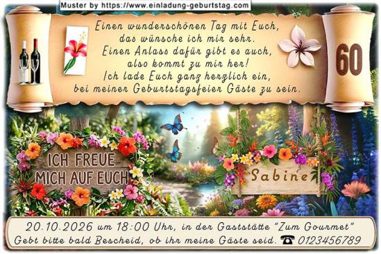 Die originelle Einladung zum Geburtstag - Auf einem von tropischen Blumen umranken Schild der Satz: Ich freue mich auf Euch.