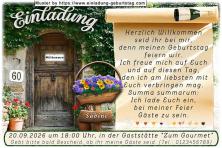 Die originelle Einladung zum Geburtstag - Die rustikal veredelte Eichentür mit der Aufschrift Willkommen und Ihrem Alter als Hausnummer daneben.