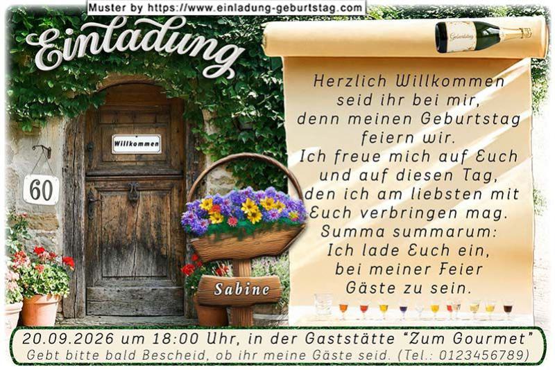 Die originelle Einladung zum Geburtstag - Die rustikal veredelte Eichentür mit der Aufschrift Willkommen und Ihrem Alter als Hausnummer daneben.