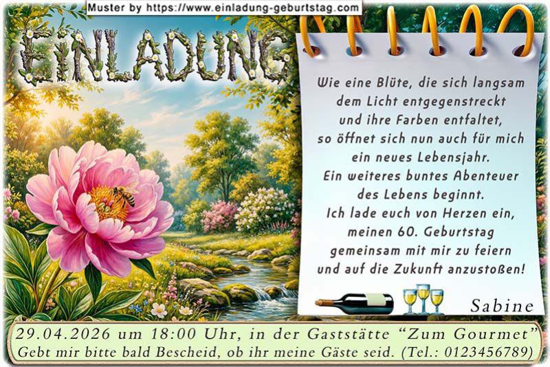 Die originelle Einladung zum Geburtstag - Ein verträumter Bachlauf, davor eine geöffnete Blüte in der sich eine Biene befindet.