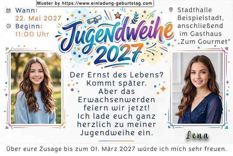Die Einladung zur Jugendweihe mit 2 deiner Fotos auf einer Einladungskarte.