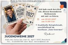 Die Einladung zur Jugendweihe mit deinem Foto auf einer von 3 Jugendweihe-Spielkarten in der Hand