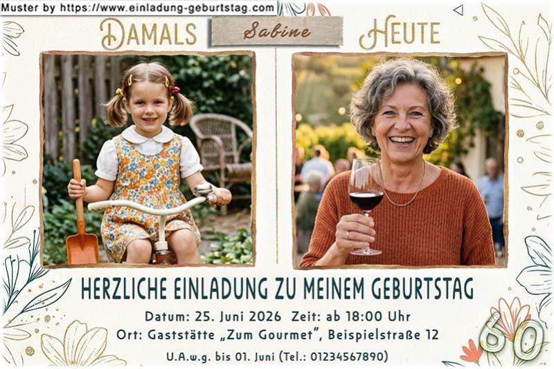 Die Einladung zum Geburtstag mit 2 Ihrer Fotos. In die linke Kartenseite wird ein Kinderfoto von Ihnen eingesetzt, rechts daneben befindet sich ein aktuelles Bild.