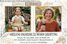 Die Einladung zum Geburtstag mit 2 Ihrer Fotos. In die linke Kartenseite wird ein Kinderfoto von Ihnen eingesetzt, rechts daneben befindet sich ein aktuelles Bild.