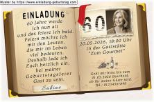 Die Einladungskarte zum Geburtstag im Stil eines aufgeschlagenen Buches. Ihr Foto wird mit einer Sepia Farbüberlagerung versehen und oben rechts eingesetzt.