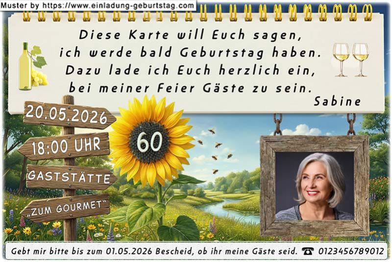 Die Einladung zum Geburtstag mit Ihrem Foto - Ihr Foto wird in den rustikalen Bilderrahmen eingesetzt, der am Textfeld hängt. Ihr Alter wird in eine Sonnenblume eingesetzt.