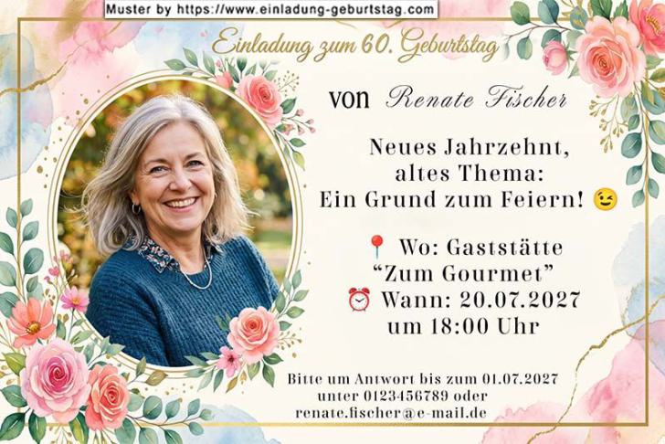 Die Einladung zum Geburtstag mit Ihrem Foto - Ihr Foto wird in den rustikalen Bilderrahmen eingesetzt, der am Textfeld hängt. Ihr Alter wird in eine Sonnenblume eingesetzt.