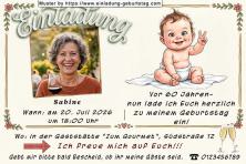 Die Einladung zum Geburtstag mit Ihrem Foto. Vor 60 Jahren (jedes beliebige Alter) - neben Ihrem aktuellen Foto befindet sich ein Baby als lustige Karikatur.