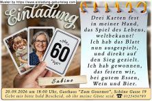 Die Einladung zum Geburtstag mit Ihrem Foto - das Spiel des Lebens – in die linke Karte wird ein Kinderfoto eingesetzt, in die mittlere ein aktuelles Foto.