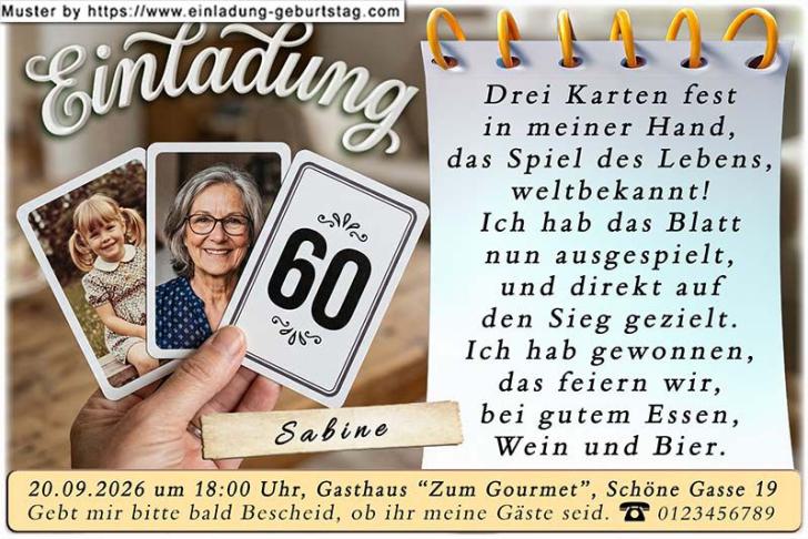 Die Einladung zum Geburtstag mit Ihrem Foto - das Spiel des Lebens – in die linke Karte wird ein Kinderfoto eingesetzt, in die mittlere ein aktuelles Foto.