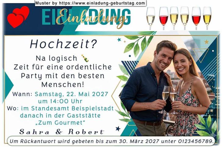 Die Hochzeitseinladung mit Ihrem Foto quadratisch ausgeschnitten neben einem Herzfenster