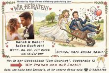 Die lustige Hochzeitseinladung mit Ihrem Foto und einer Karikatur von einem Mann in der Schubkarre