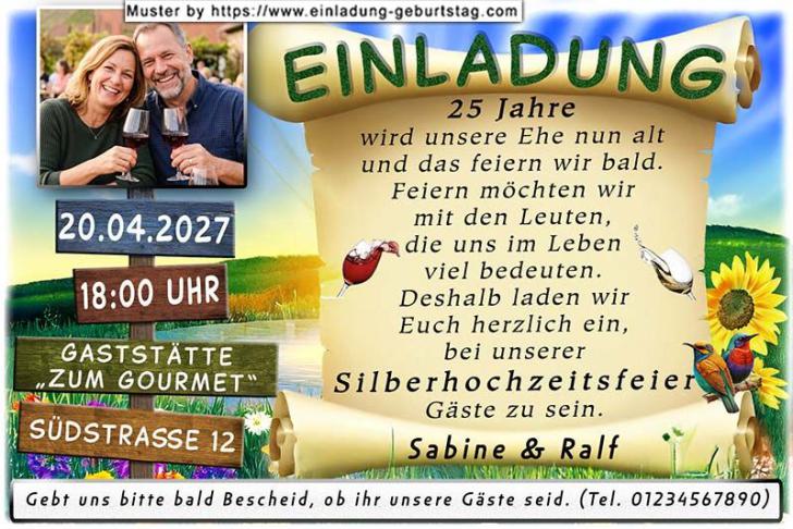Die Einladung zur Silberhochzeit mit Ihrem Foto auf einem Wegweiser.