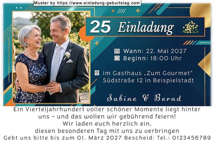 Die Einladung zur Silberhochzeit mit Ihrem Foto vor kräftigen Farben.