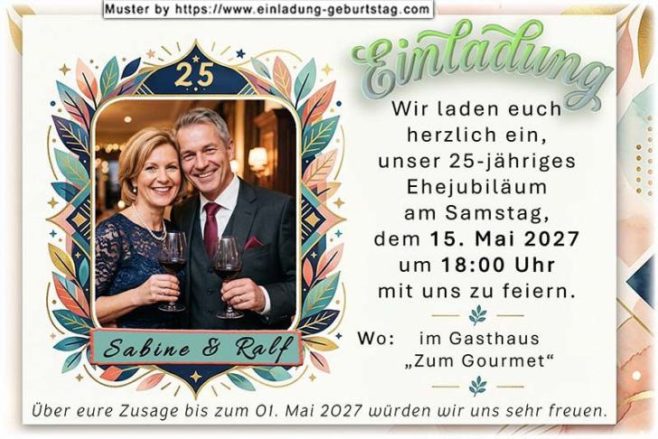 Die Einladung zur Silberhochzeit mit Ihrem Foto modern umrahmt.