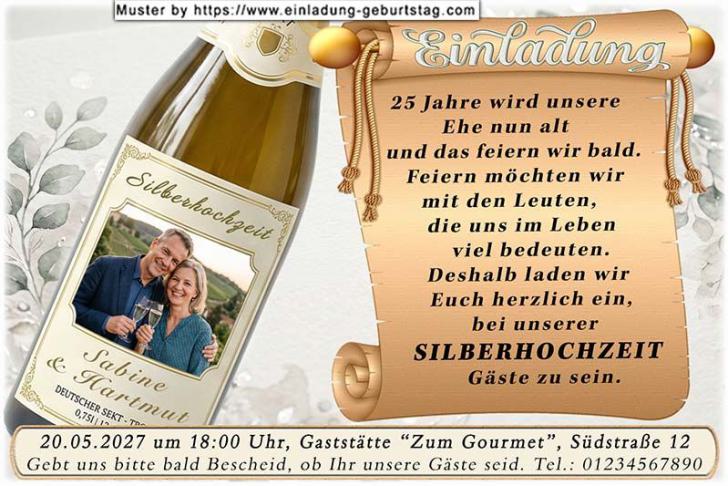 Die Einladung zur Silberhochzeit mit Ihrem Foto als Etikett einer Sektflasche.