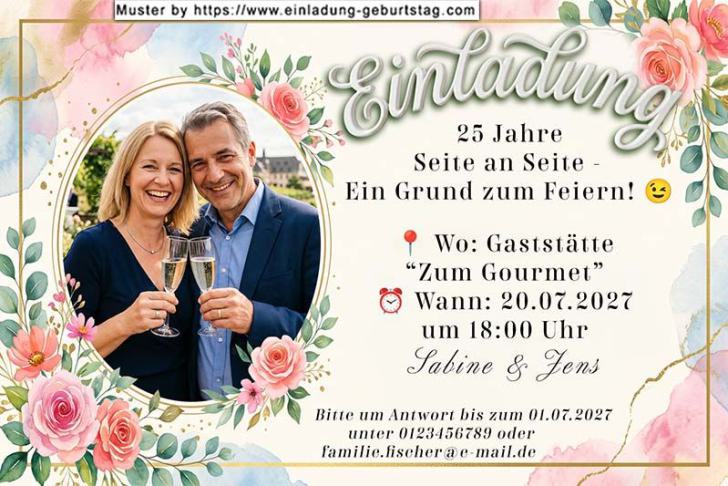 Die Einladung zur Silberhochzeit mit Ihrem Foto oval ausgeschnitten in einem floralen Rahmen.