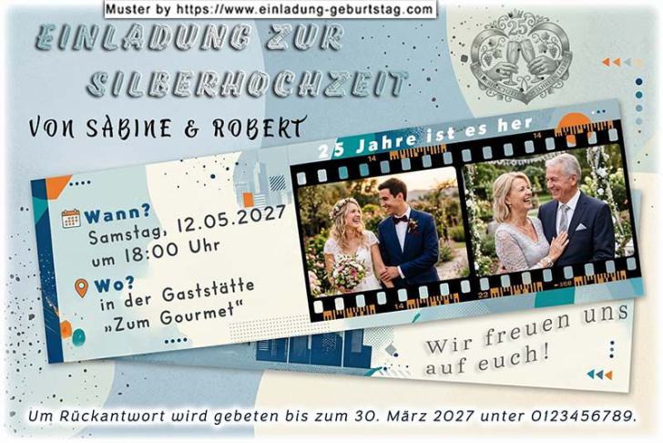 Die Einladung zur Silberhochzeit mit Ihrem Hochzeitsfoto neben einem aktuellen Foto in einem Filmstreifen.