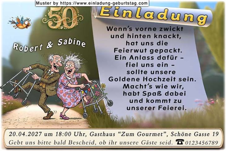 Einladung Goldene Hochzeit lustig - das tanzende Paar am Rollator hat die Feierwut gepackt