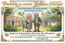 Einladung Goldene Hochzeit lustig - das entspannte Paar Hand in Hand freut sich auf die Goldene Hochzeitsfeier