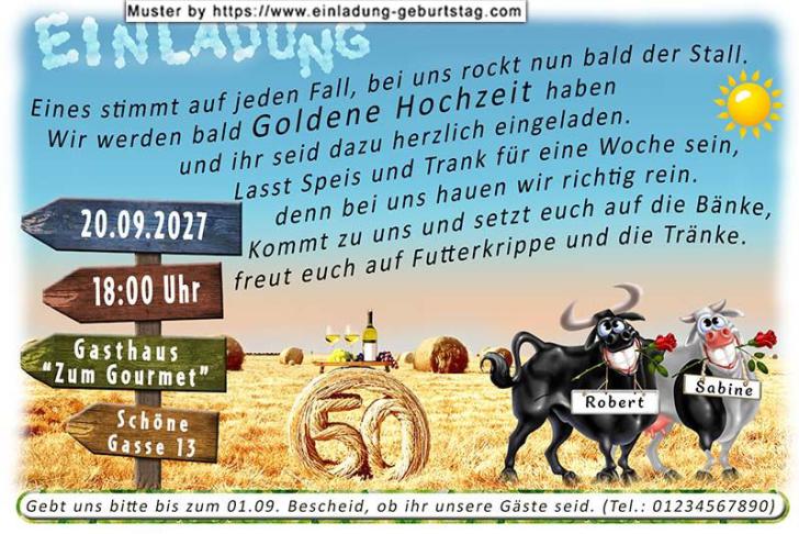 Einladung Goldene Hochzeit lustig - gut dass die Ehefrau immer für Ordnung sorgt - die Frau mit dem Nudelholz