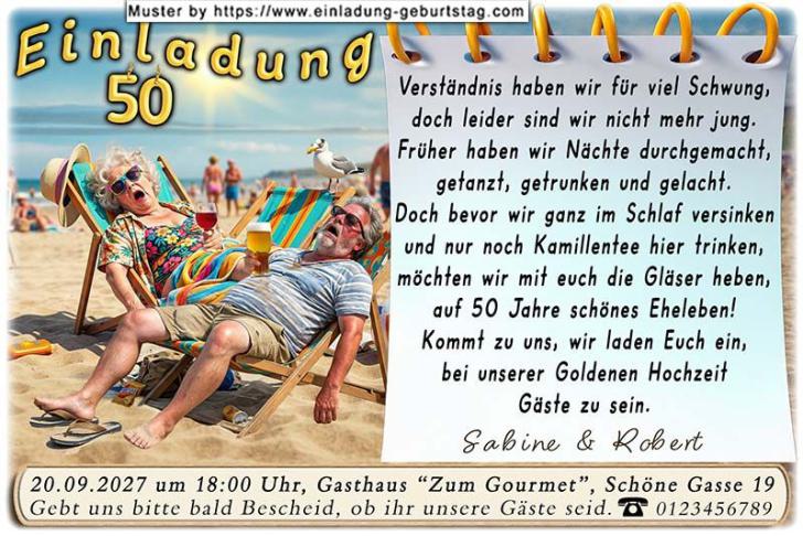 Einladung Goldene Hochzeit lustig - das geschaffte Paar im Liegestuhl am Strand
