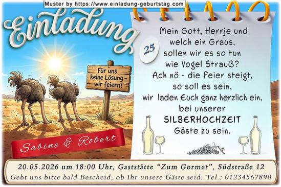 Die lustige Einladungskarte zur Silberhochzeit mit dem Vogel Strauß