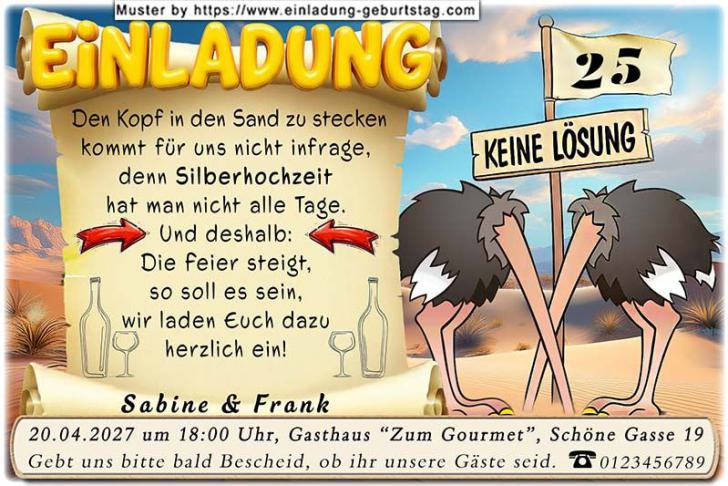 Die lustige Einladungskarte zur Silberhochzeit mit dem Vogel Strauß
