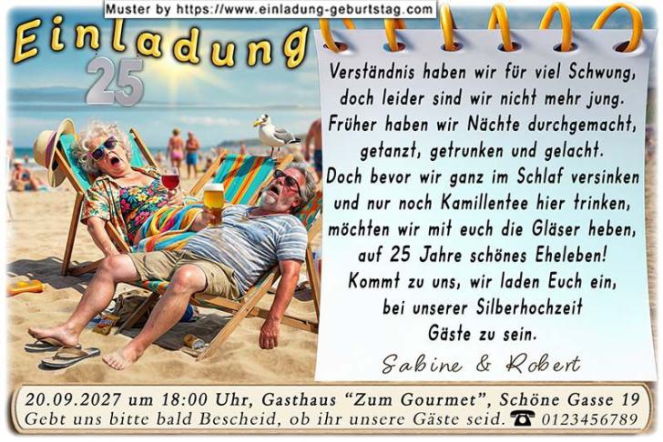 Die lustige Einladungskarte zur Silberhochzeit mit dem Paar auf einem Motorrad unterwegs auf der Route 25