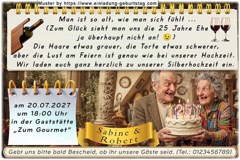Die lustige Einladungskarte zur Silberhochzeit mit der Frau mit einem Nudelholz, die für Ordnung sorgt