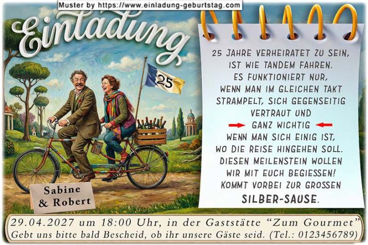 Die lustige Einladungskarte zur Silberhochzeit mit dem Paar auf einem Tandem