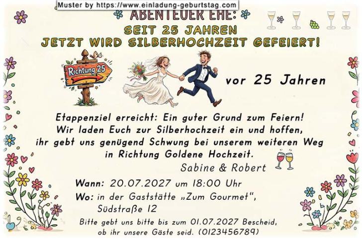 Die lustige Einladungskarte zur Silberhochzeit mit dem Paar schnell auf dem Weg zum Standesamt - vor 25 Jahren