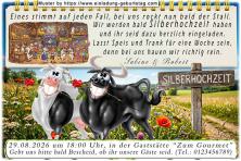 Die lustige Einladungskarte zur Silberhochzeit mit Bulle und Kuh, beide eine Rose im Maul