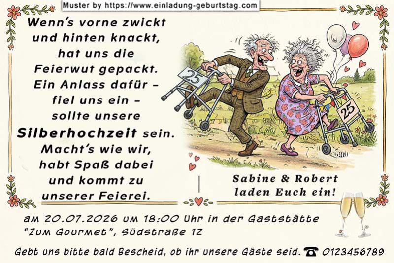 Die lustige Einladungskarte zur Silberhochzeit mit Mann und Frau am Rollator, tanzend und mit viel Spaß