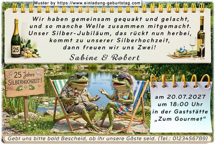 Die lustige Einladungskarte zur Silberhochzeit mit Mann und Frau am Rollator, tanzend und mit viel Spaß