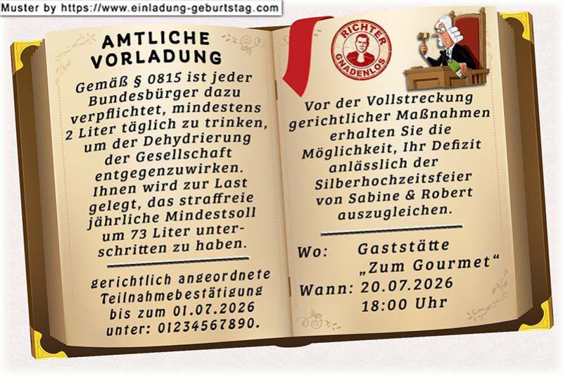 Die lustige Einladungskarte zur Silberhochzeit mit der amtlichen Vorladung für die Gäste von Richter Gnadenlos