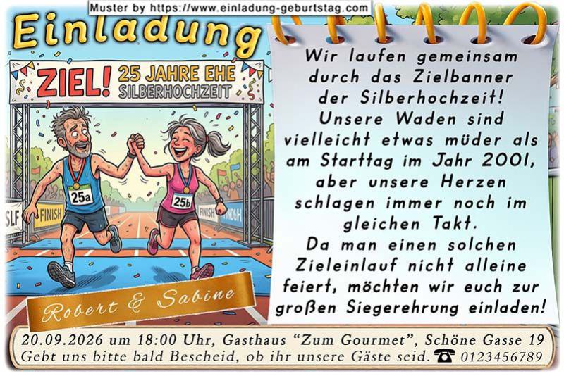 Die lustige Einladungskarte zur Silberhochzeit mit dem sportlichen Paar auf der Ziellinie - 25 Jahre geschafft