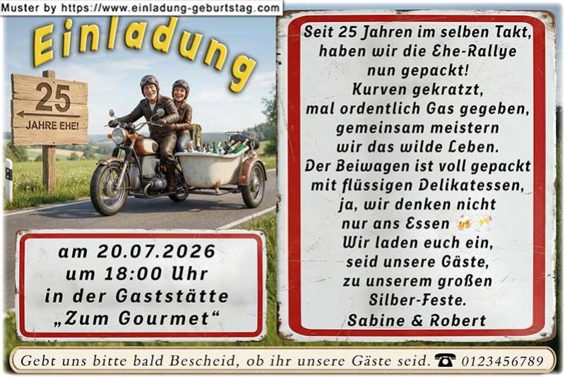 Die lustige Einladungskarte zur Silberhochzeit mit dem Paar auf einem witzigen Motorrad