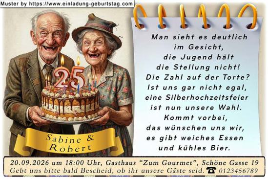 Die lustige Einladungskarte zur Silberhochzeit mit dem vom Leben gezeichneten Paar und der Festtagstorte